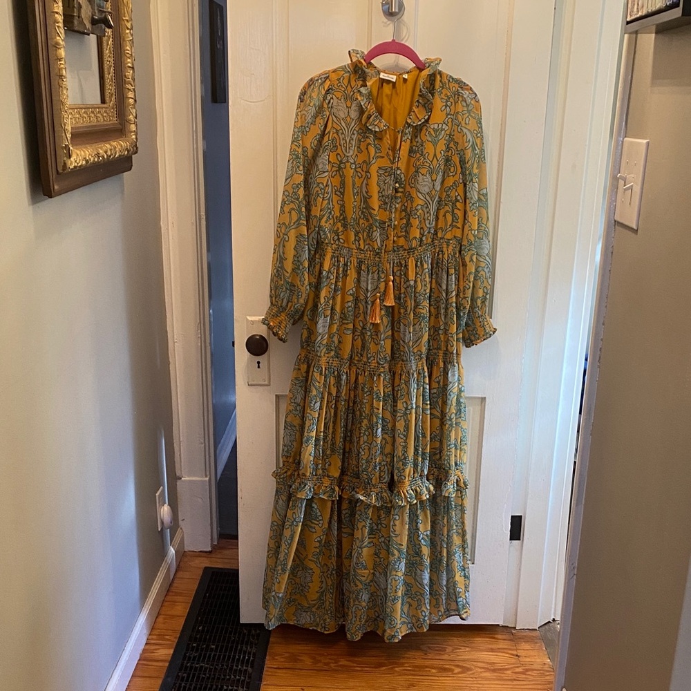 Golden floral maxi dress, perfect for Thanksgiving!